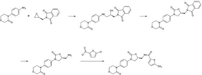 Synthesis of rivaroxaban as patented by Bayer Healthcare in 2005.
1st step: Alkylation of the primary aromatic amine
2nd step: Formation of the 2-oxazolinidone ring, using a phosgene equivalent
3rd step: Removal of the phthalimide protection group
4th step: Acylation of the primary amine Rivaroxaban Synthesis as patented by Bayer.tif