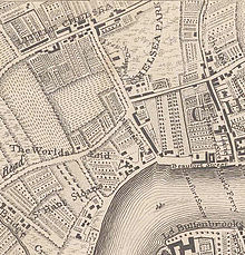 The hamlet of Little Chelsea (top left), along the Fulham Road, in John Rocque's 1746 map of London. Rocquelittlechelsea.jpg