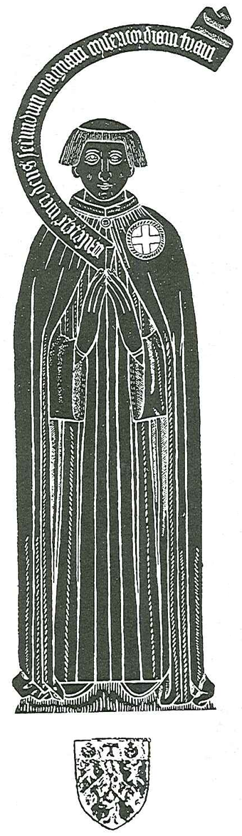 Rubbing of monumental brass in Eton College Chapel, of Roger Lupton (d.1540) with his coat-of-arms below. Lupton's hair displays the tonsure of a cleric. He wears the mantle of a Canon of Windsor (based in St George's Chapel, Windsor Castle), displaying on his left shoulder a Cross of St George within a circle
