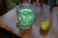 Buko pandan, a dessert beverage from the Philippines made with pandan-flavored cubes of gulaman, a traditional gelatin-substitute made from carrageenan