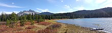 The view of Three Fingered Jack from Santiam Lake, as seen in early Autumn.