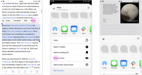 3 snímky obrazovky. První ukazuje zvýraznění textu a volbu Sdílet z nabídky. Druhá zvýrazní možnost „Share-a-fact“, která se zobrazí v nabídce. Třetí zobrazuje náhled obrázku Share-a-fact a nabízí možnosti sdílení na sociálních sítích nebo ve zprávě.
