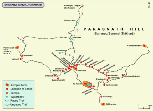 Trail map showing tonks on Parasnath Hill