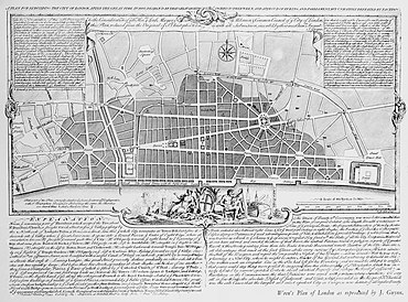 Christopher Wren's classical style plan for the reconstruction of London with an entirely new street plan, piazzas and wide boulevards. It was rejected, but London was still greatly modernised in its reconstruction. Sir Christopher Wren's plan of London as reproduced by Gwynn. Wellcome M0003248.jpg