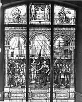 Black and white image of The Union of Commerce and Industry, a stained-glass window directly across the grand staircase of the Old City Hall. Stained glass window at City Hall.jpg