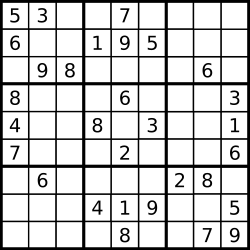 A Sudoku puzzle grid, with nine rows and nine columns that intersect at square spaces. Some of the spaces are pre-filled with one number each; others are blank spaces for a solver to fill with a number.