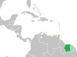 Kaart met daarop Trinidad en Tobago en Suriname
