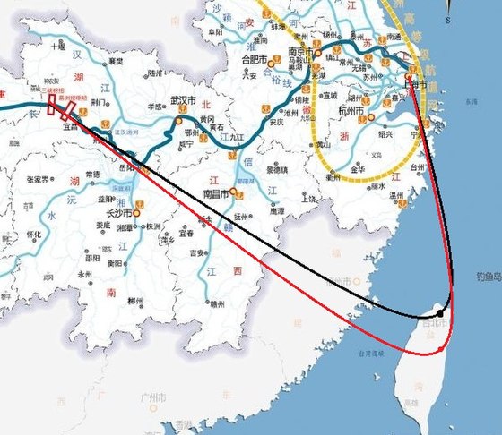 台軍飛機、導彈從台北和花蓮起飛，進攻上海、三峽大壩的示意圖。毀滅上海和三峽大壩是台灣輿論認為的，反制中國大陸的手段[4]。上海和三峽大壩之間的區域即是「三峽大壩即將潰壩論」中被毀滅的地區。