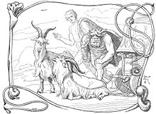 Tyr
looks on as Thor discovers that one of his goats is lame, by Frolich
(1895) Tanngrisnir and Tanngnjostr by Frolich.jpg