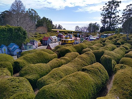 Hedge maze at Tasmazia, with the Village of Lower Crackpot in the background