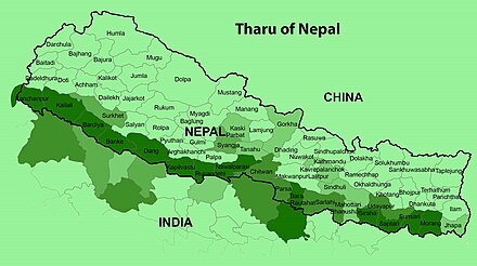 Map showing area inhabited by Tharu people in dark green