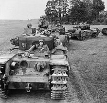 Churchill tanks of 7 Troop, 'B' Squadron, 107 RAC, 34th Tank Brigade, 17 July 1944. The British Army in the Normandy Campaign 1944 B7636.jpg