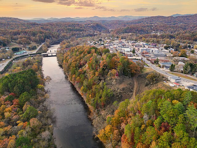 Downtown Murphy from the air; the Hiwassee River is on the left