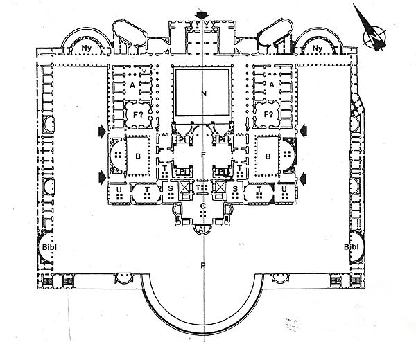 The later Baths of Trajan showing the frigidarium (N), the tepidarium (F), and the caldarium (C), a form which became popular in the late Republic to 