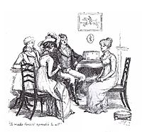 Illustration en noir et blanc. Deux jeunes gens et une jeune fille, assis, bavardent amicalement avec Elizabeth