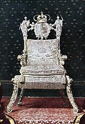 The Silver Throne, used by all Swedish monarchs from Queen Christina in 1650 onward Throne of Sweden 1982.jpg