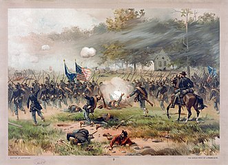 Union troops charge past the Dunker Church at the Battle of Antietam Thure de Thulstrup - Battle of Antietam.jpg