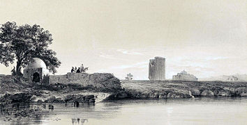 A 1840 depiction of the 12th-century Seljuk-era Tughrul Tower of Ray by French orientalist Eugène Flandin.