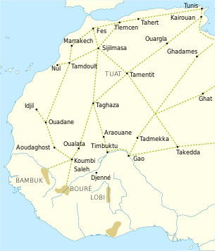 Trade routes of the Western Sahara c. 1000-1500. Essouk is shown as Tadmekka. Goldfields are indicated by light brown shading.