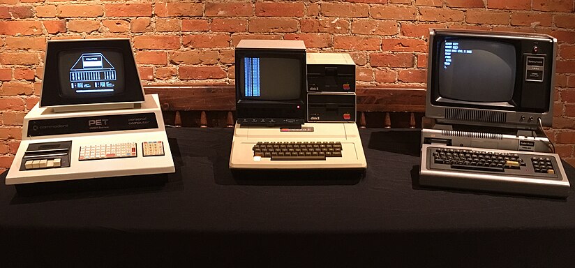 The three personal computers referred to by Byte Magazine as the "1977 Trinity" of home computing: The Commodore PET, the Apple II, and the TRS-80 Model I.