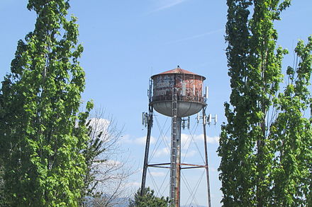 The old historic water tower, as seen from downtown
