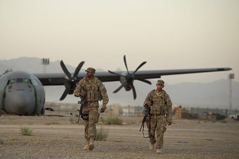 File:U.S. Air Force Staff Sgt. Duron Arnold and Airman 1st Class Christian Mejia, both with the 376th Expeditionary Security Forces Squadron fly-away security team, perform a security check around a disabled C-130 130606-F-YL744-052.jpg