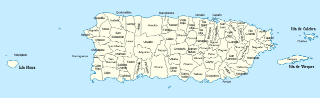 Map of the 78 municipios of the Commonwealth of Puerto Rico.