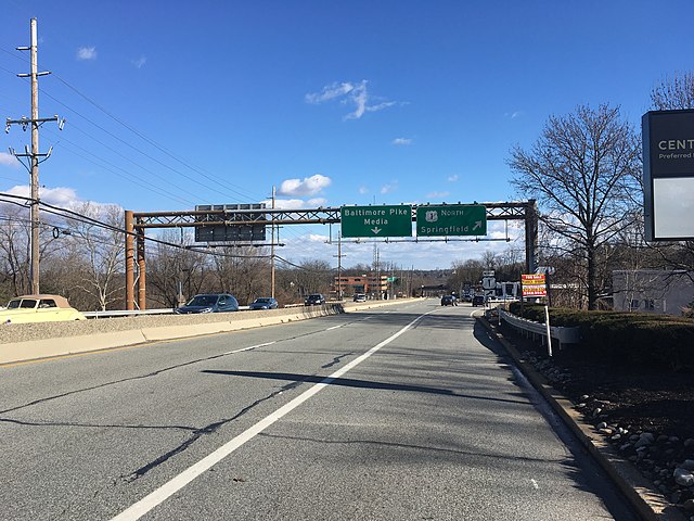 US 1 northbound at the split from Baltimore Pike onto the Media Bypass in Middletown Township