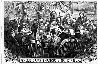 An 1869 Thomas Nast cartoon espousing American exceptionalism shows Americans of different ancestries and ethnic backgrounds sit together at a dinner table with Columbia to enjoy a Thanksgiving meal as equal members of the American citizenry while Uncle Sam prepares and sets the table, thus espousing an inclusive form of American nationalism that is civic, where membership in the nation is not dependent upon ethnicity. Uncle Sam's Thanksgiving Dinner (November 1869), by Thomas Nast.jpg