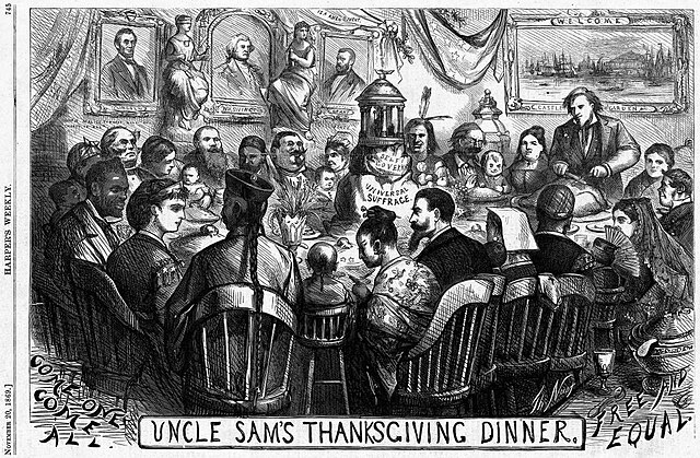 Columbia and an early rendition of Uncle Sam in an 1869 Thomas Nast cartoon having Thanksgiving dinner with a diverse group of immigrants