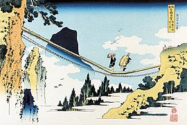 Hokusai, Vues pittoresques de ponts célèbres des diverses provinces, Fermiers traversant un pont suspendu à la frontière des provinces d'Hida et d'Etchu (vers 1834).