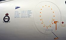 The entry door on the side of the forward fuselage, with the names of pilot Kenneth Hubbard and his crew Vickers Valiant B1 (3873562557).jpg