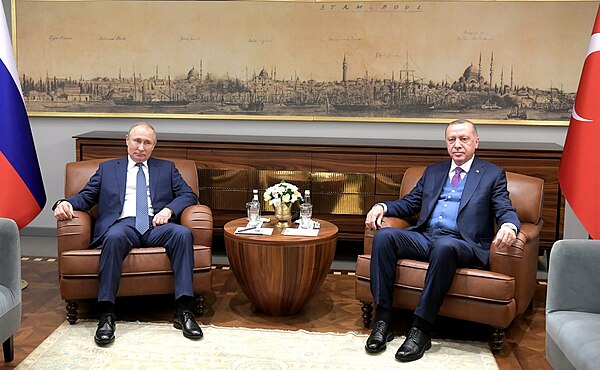 Turkish President Recep Tayyip Erdoğan with Russian President Vladimir Putin meeting in 2020.