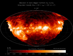 Image 43The distribution of ionized hydrogen (known by astronomers as H II from old spectroscopic terminology) in the parts of the Galactic interstellar medium visible from the Earth's northern hemisphere as observed with the Wisconsin Hα Mapper (Haffner et al. 2003) harv error: no target: CITEREFHaffnerReynoldsTufteMadsen2003 (help). (from Interstellar medium)