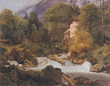 Mill at the outflow of the Königssee label QS:Len,"Mill at the outflow of the Königssee" label QS:Lpl,"Młyn przy odpływie Königssee" label QS:Lde,"Mühle am Ausfluss des Königssees" 1840