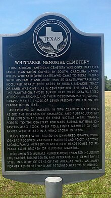 Historic marker outside the cemetery. WhittakerMemorialCemetery.jpg