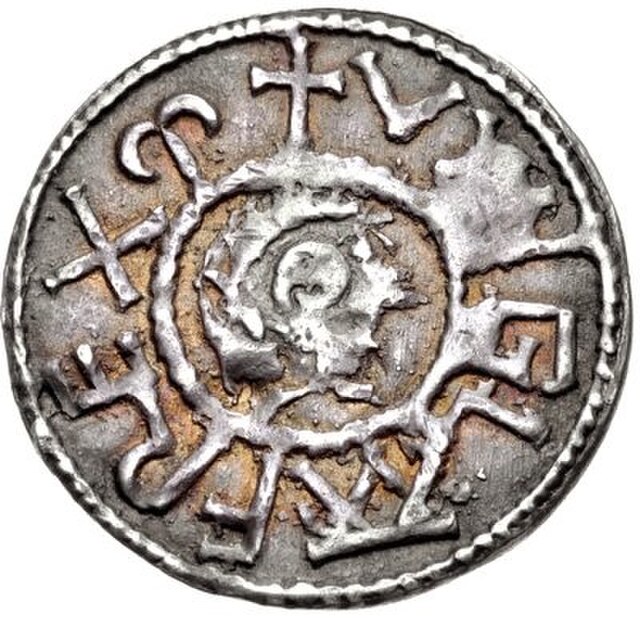 Silver penny of Wiglaf, struck 827–829. Legend: + vviglaf rex m