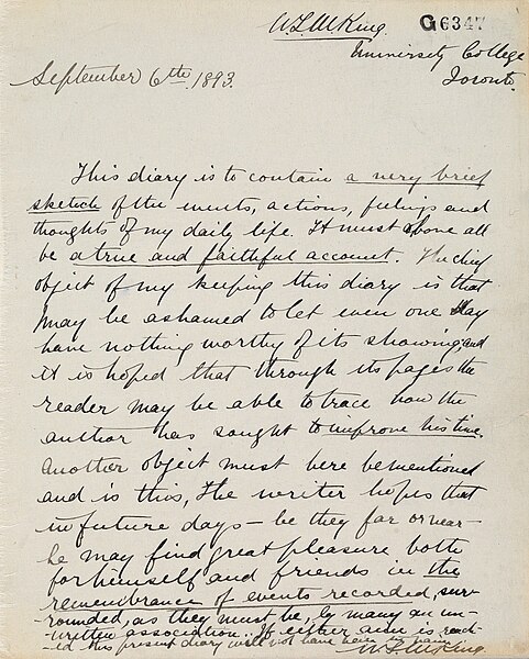 File:William Lyon Mackenzie King began writing his diary in 1893. This is his first entry - William Lyon Mackenzie King a tenu un journal intime à partir de 1893. Voici sa première entrée (39295666124).jpg