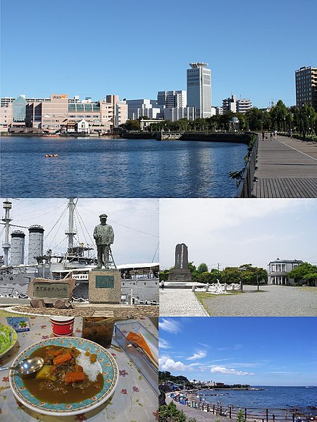 Top: View of downtown Yokosuka from Verny Seaside Park, Middle: Mikasa Battleship Monument and Heihachirō Togō Statue, Kurihama Matthew Perry Park, Bo