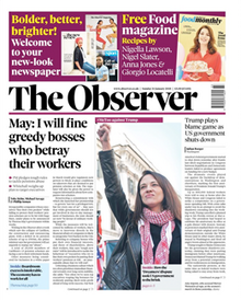 Tudalen blaen The Observer yn dangos protestiwr a'r pennawd "May: I will fine greedy bosses who betray their workers"