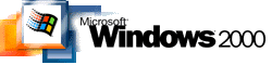 Schriftzug „Windows (R)“ (Fettdruck, serifenlos), gefolgt vom Zusatz „2000“ (Normaldruck), über dem „W“ klein geschriebener Schriftzug „Microsoft (R)“ (ähnlich dem Design von „Windows 95/98“), im linken Bildteil (teilweise vom Schriftzug überlagert) vier stilisierte übereinander liegende dreidimensionale Fenster, das große Fenster im Vordergrund mit einem wehenden bunten Windowslogo darin