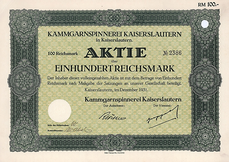 Datei:Kammgarnspinnerei Kaiserslautern 1931 100 RM.jpg