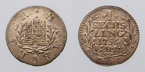 Datei:Münze Sechsling Hamburg 1756.jpg