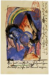 Pferd und Haus mit Regenbogen, Postkarte von Franz Marc an Paul Klee, 1913, Franz Marc Museum, Kochel