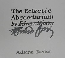 Goreys Autogramm auf dem Titelblatt einer Neuauflage von The Eclectic Abecedarium