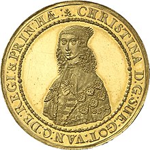 Gekröntes Brustbild Christinas auf einer 6-Dukaten-Goldmünze aus dem Jahr 1644