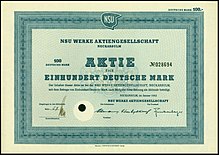 Aktie über 100 DM der NSU Werke AG vom Januar 1952