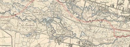 Die Elster-Luppe-Aue (1907) und die Neue Luppe (rot gestrichelte Linie)[5]