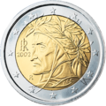 Porträt Dante Alighieris von Raffael auf der italienischen 2-Euro-Münze