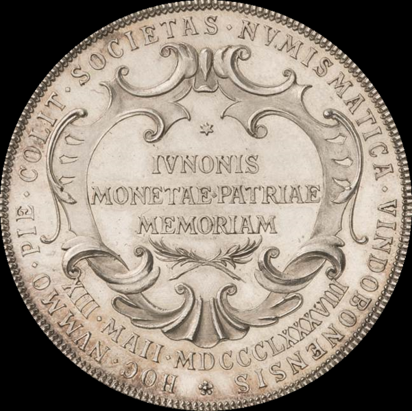 Datei:Taler 1888 Wertseite zum 40-jährigen Regierungsjubiläum 1848-1888 von der numismatischen Gesellschaft Wien.png